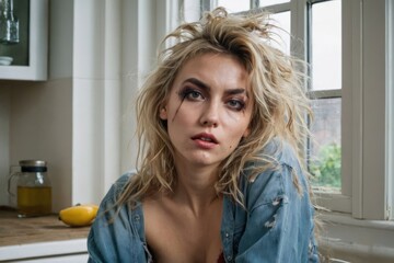 Fototapeta premium Portrait of pretty drunk blond girl sitting in the kitchen. Concept of dangers of alcoholism. Generative AI