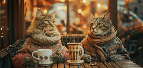 A couple of cats sitting in a cozy winter outdoor cafe with hot drinks, dressed in stylish winter cozy clothes.