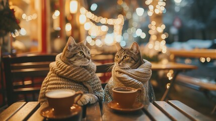 A couple of cats sitting in a cozy winter outdoor cafe with hot drinks, dressed in stylish winter cozy clothes. - obrazy, fototapety, plakaty