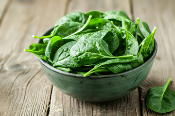 a bowl of spinach above wooden table