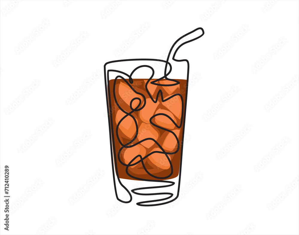 Poster continuous one line drawing of drink glass with ice cubes. cocktail with straw and ice cubes. line a