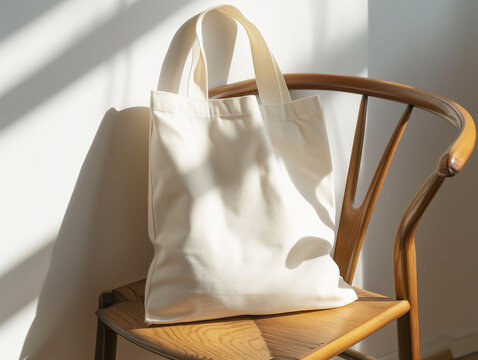 Blank empty white canvas tote bag mockup on chair with sunlight, for display design, eco friendly concept