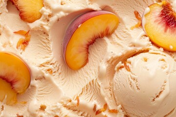 A close-up of peach ice cream with slices of peach on top.