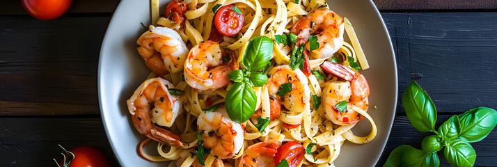 Top view of shrimp and herb-infused fettuccine with tomatoes.