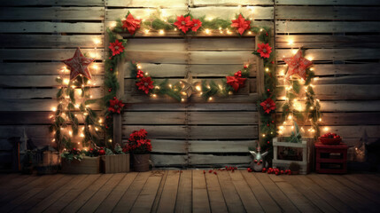 Step into a magical realm with this captivating rusted wooden backdrop, embellished with charming decorative accessories, stars, flowers, and the soft glow of LED lights for a rustic and enchanting am