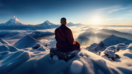 monk meditating amidst misty mountains at sunrise - obrazy, fototapety, plakaty