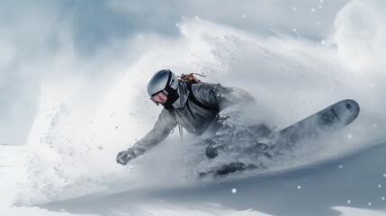 Snowboarder on the freeride slope. downhill with snowboards in fresh snow. Vacation concept. Extreme winter sport - obrazy, fototapety, plakaty