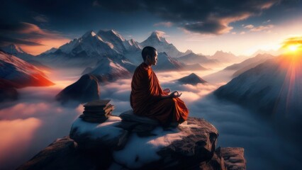 monk meditating amidst misty mountains at sunrise - obrazy, fototapety, plakaty