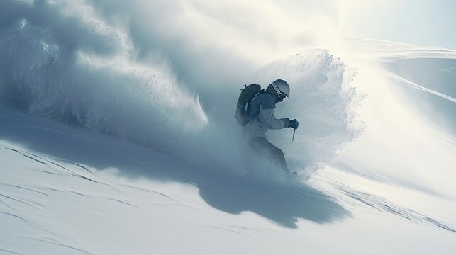 Snowboarder on the freeride slope. downhill with snowboards in fresh snow. Vacation concept. Extreme winter sport