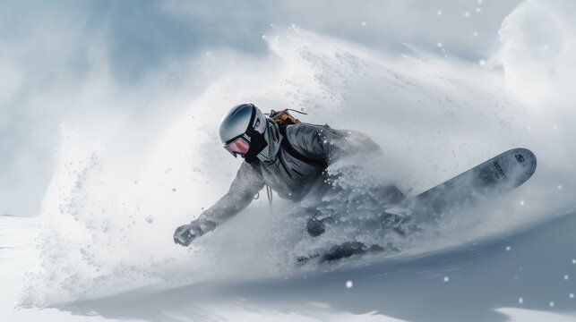 Snowboarder on the freeride slope. downhill with snowboards in fresh snow. Vacation concept. Extreme winter sport