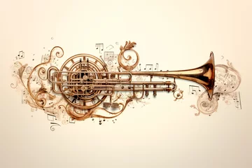 Foto op Plexiglas Trumpet fantasy musical instrument illustration decorated, black background card for music event © fabioderby