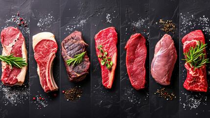 Food collage of various beef steak raw fresh meat. - Powered by Adobe
