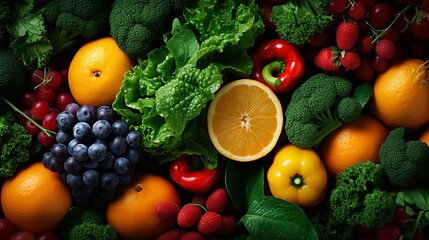 Assorted fresh ripe fruits and vegetables. Food concept background. Top view. Copy space, Generate AI