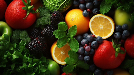 Assorted fresh ripe fruits and vegetables. Food concept background. Top view. Copy space, Generate AI - obrazy, fototapety, plakaty