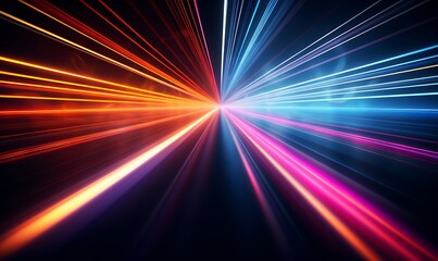 High speed straight lines and bokeh lights, glowing neon, speed of light in black studios. Generative Ai


