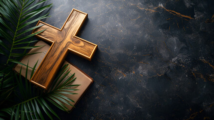 Easter wooden cross on black marble background religion abstract palm with bible book, sunday concept,