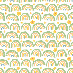 Seamless Pattern with Pastel Rainbow and Flower Design on White Background