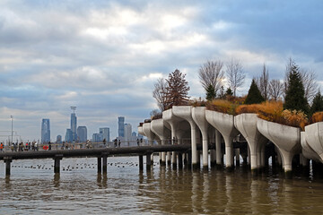 Little Island at Pier 55, artificial island park in Hudson River, in winter. New York City