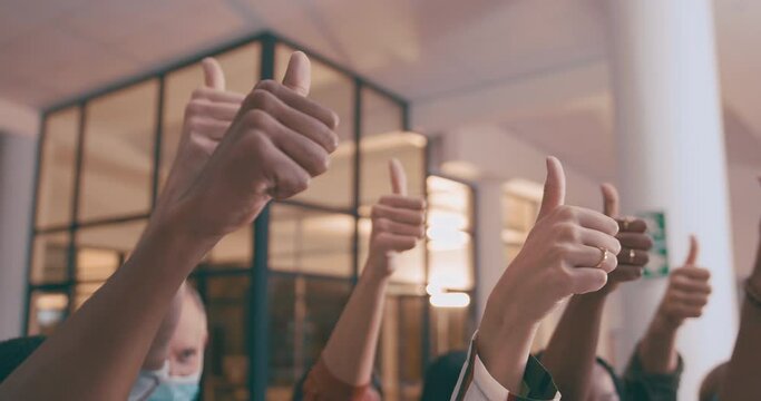 Business people, hands and thumbs up for teamwork, success or good job together at office. Closeup of group, employees or diversity with like emoji, yes sign or approval for agreement at workplace