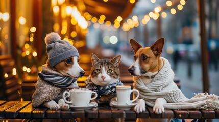 A company of cats and dogs  sitting in a cozy winter outdoor cafe with hot drinks, dressed in stylish winter cozy clothes.