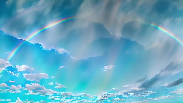A landscape painting characterized by a vibrant rainbow piercing through a thick layer of clouds. The refraction of light creates beautiful colors.
