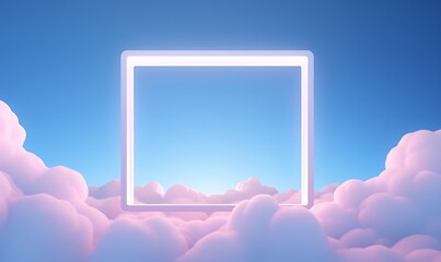 looping 3d . Abstract neon background with glowing square shape and spinning cloud. Blank geometric frame in the sky. Generative Ai


