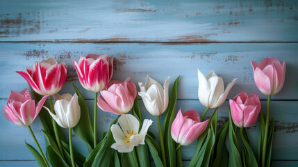 Fototapeta na wymiar Bouquet of fresh beautiful delicate tulips on a wooden background as a gift, photo in light pastel colors, concept of Mother's Day, Women's Day, spring background, rustic style, copy space