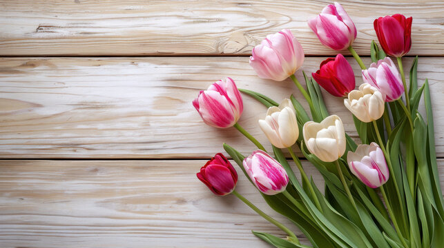 Bouquet of fresh beautiful delicate tulips on a wooden background as a gift, photo in light pastel colors, concept of Mother's Day, Women's Day, spring background, rustic style, copy space