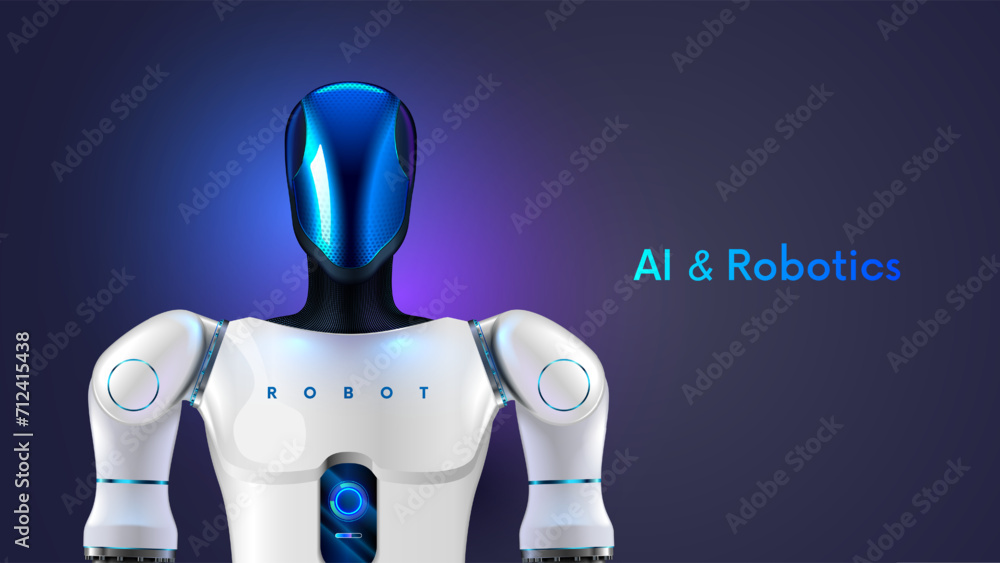 Leinwandbilder Bipedal autonomous humanoid robot. Humanoid robotics technology. humanoid robot with AI or artificial intelligence. Robot Head in glass mask with actuator hands. Anthropomorphic robotics helper.