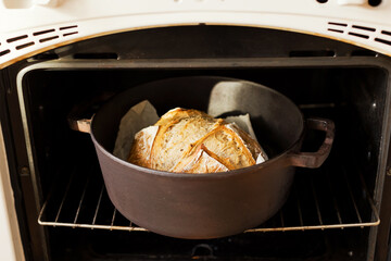 Freshly baked sourdough bread cast iron