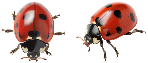 Bundle of two red ladybugs isolated on a transparent background