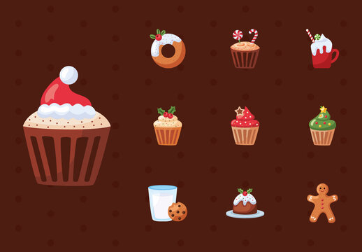 Flat Christmas Dessert Icon Set