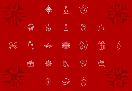 Red Christmas Holiday Minimalist Line Icon Set