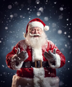 Portrait of Santa Claus in a snow isolated on vibrant blue background.