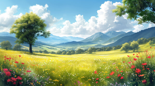 Oil painting style illustration of a beautiful green landscape with a meadow and mountains