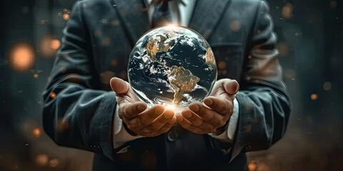 Businessman holding globe in hands representing earth care and global concept blue planet in male ecology and background of business and nature communication travel and future technology - obrazy, fototapety, plakaty