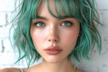 Portrait of young woman light turquoise coloured hair and green contact lenses on eyes. Photorealistic details of portrait style. - obrazy, fototapety, plakaty