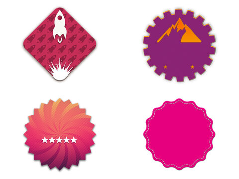 Ensemble of Upscale Badges, Modern Logo Patches, and Designer Shop Labels