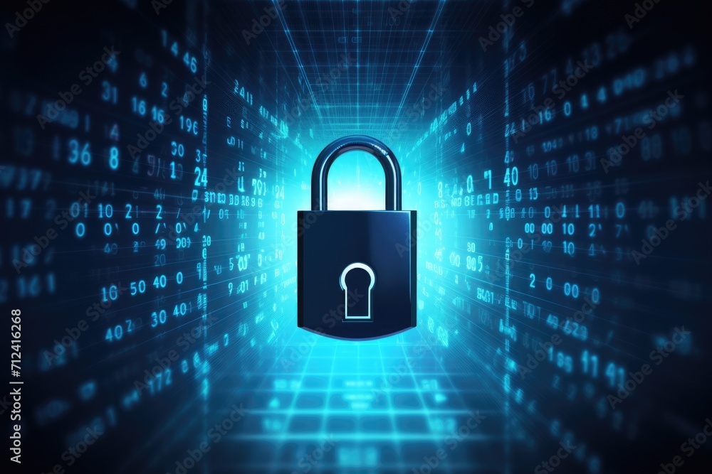 Poster unlock the power of security: blue door template with open lock for business web concepts in cyber