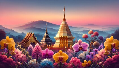 Illustration of pagoda in chiang mai at sunset and beautiful flowers. - obrazy, fototapety, plakaty