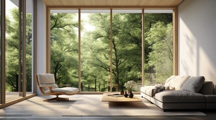 Large Window Interior Design: Modern Living Room with Wood Decor and Nature View. 3D Rendering