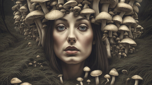 A surreal portrait of a woman covered in poisonous hallucinogenic mushrooms. Psychedelic head of a swamp fairy tale person.