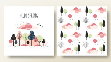 Set of spring cards with fairy trees and seamless pattern. Cartoon fantasy trees composition, frame.