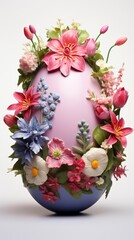 A huge Easter egg decorated with flowers on a white background 
