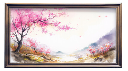 Watercolor style illustration of a landscape with pink tree blossoms in a wooden picture frame isolated on a transparent background