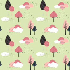 Obraz premium Cute trees seamless pattern. Scandinavian trees and clouds vector wallpaper. Childish fantasy background.