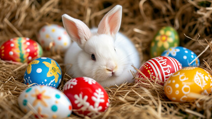 Fototapeta na wymiar Rustic Easter Charm: Bunny, Eggs, and Hay Background