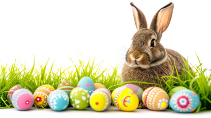 Easter Meadow Bliss: Bunny, Eggs, and White Background