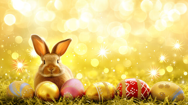 Golden Easter Bounty: Bunny and Scattered Eggs