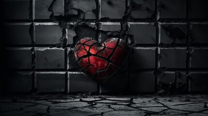 Red broken heart with cracks, on the dark grunge background. The concept of relationship breakdown.